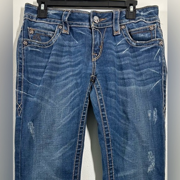 ROCK‎ REVIVAL WOMEN'S NOELLE BOOT CUT JEANS SIZE 30 FRAYED HEAVY STITCHING - Picture 2 of 16